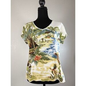 Chicos Shirt Women's Size‎ 1 Floral Print Short Sleeve 100% Cotton V-neck